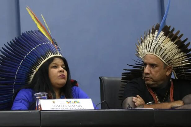 A ministra dos Povos Indígenas, Sônia Guajajara, e Dinamam Tuxá, coordenador executivo da Articulação dos Povos Indígenas do Brasil, a Apib, participam de evento de fortalecimento da política indígena, em Brasília — Foto: Antonio Cruz/Agência Brasil